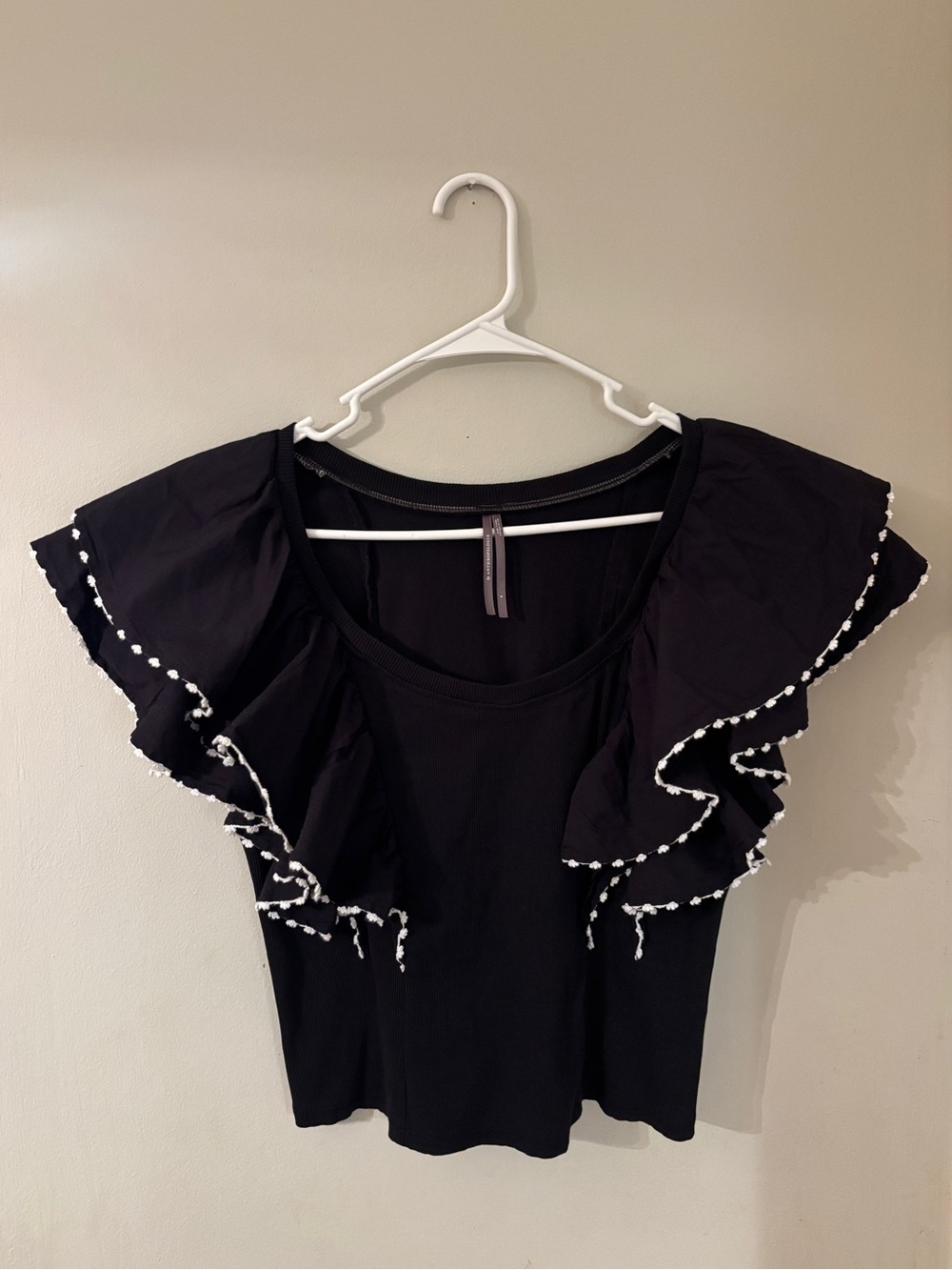 Anthropologie Black & White Ruffle Sleeve Poplin Rib Knit Top Size S